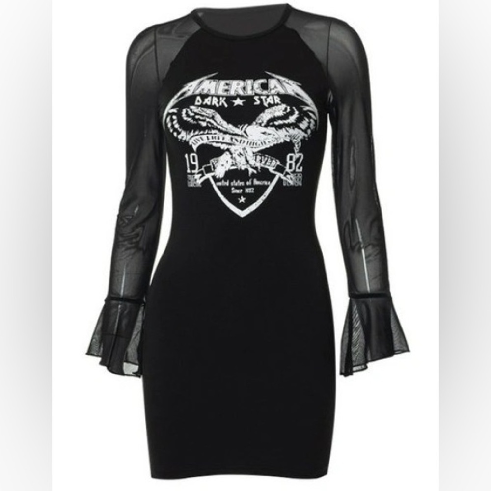 AMERICAN DARK⭐️STAR Live Free & High 1982 Sheer Ruffle Cuffs Sleeves Mini Dress - Picture 3 of 13